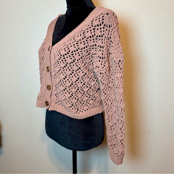 Artelier Nicole Miller Open-Knit Crochet Chenille Cropped Cardigan Sweater Small - Picture 4 of 12